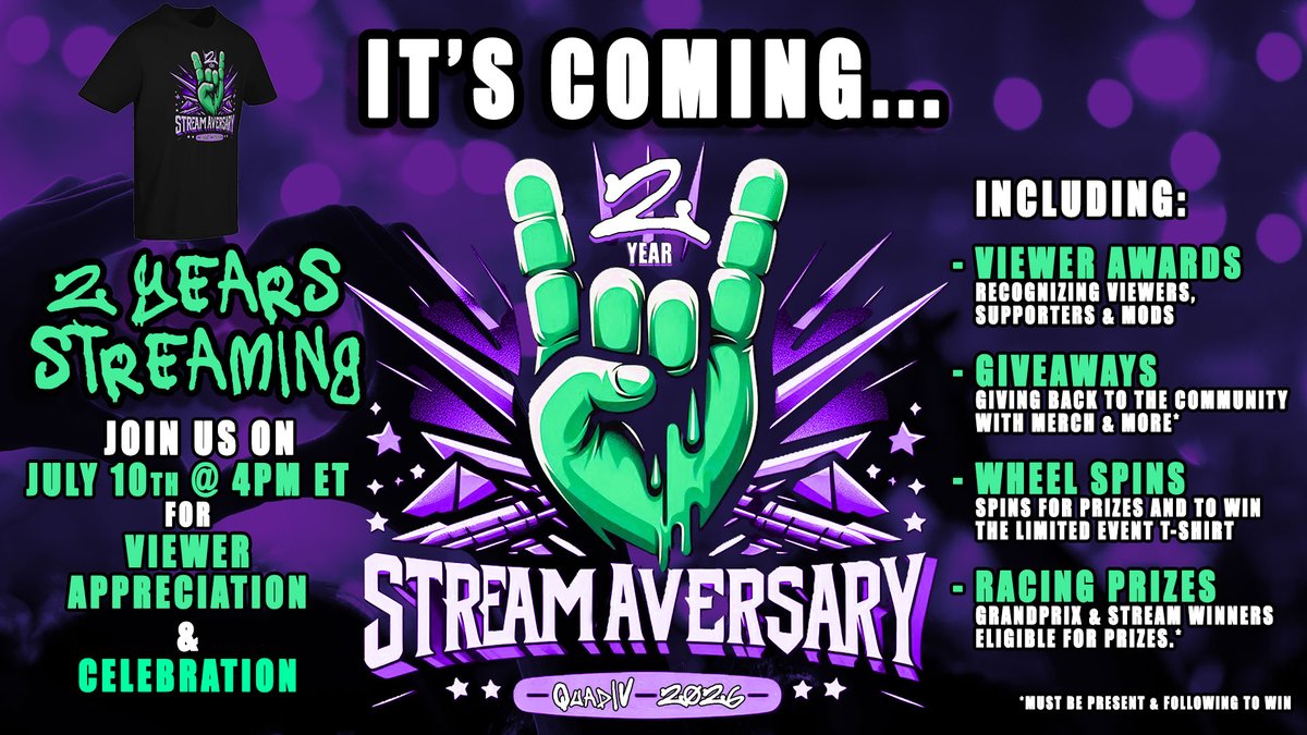 QuadIV_TTV's tweet photo. It's ALMOST HERE - STREAMAVERSARY YR2: Viewer Appreciation, Awards & Celebration - Starting Tomorrow, Friday, July 10th @ 4pm ET
Prizes, Giveaways & Viewer Awards to be won, ON TOP OF BONUS POINTZ - Let's Party ON!
See you there! #StreamaversaryYR2 #StreamAniversary https://t.co/FmHlNA8tpg