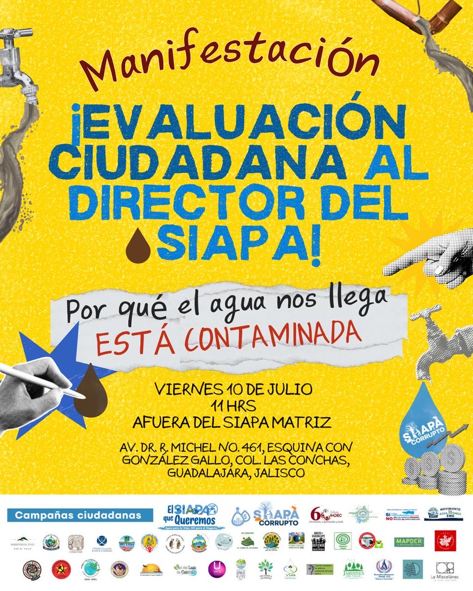 imdecac's tweet photo. 👊🏽💦 Todxs a #Manifestarnos mañana afuera de las oficinas del @siapagdl

📣🚰Continúemos fortaleciendo las evidencias ciudadanas y exigiendo que se atienda la emergencia:

💧Agua potable 
💧Salud pública 
💧Economía familiar
💧NO a la privatización 

Exijamos #ElSiapaQueQueremos https://t.co/QLE39h5BcF