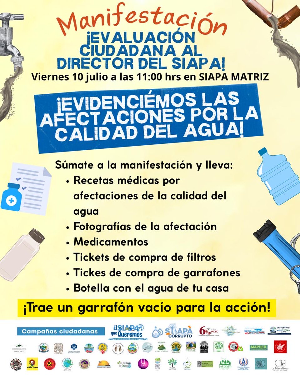 imdecac's tweet photo. 👊🏽💦 Todxs a #Manifestarnos mañana afuera de las oficinas del @siapagdl

📣🚰Continúemos fortaleciendo las evidencias ciudadanas y exigiendo que se atienda la emergencia:

💧Agua potable 
💧Salud pública 
💧Economía familiar
💧NO a la privatización 

Exijamos #ElSiapaQueQueremos https://t.co/QLE39h5BcF