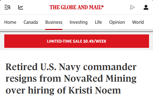 coonorblake's tweet photo. I’m going to be honest with you, this matters because most junior miners never get this kind of attention.

NovaRed is a tiny Vancouver exploration company, but the Kristi Noem hire was enough to make international headlines. Then Phil Ehr resigns over it, and the story gets even louder.

That is not normal small-cap mining noise.

For me, the takeaway is simple: $NRED is positioning copper and critical minerals as a political, security and supply-chain story, not just a drill-bit story.

Wilmac gives the BC copper-gold project. MetalCore gives the AI exploration angle. Noem brings the U.S. policy visibility.

That combination is exactly why I’m watching.

Not financial advice. Charts don’t wait for permission.