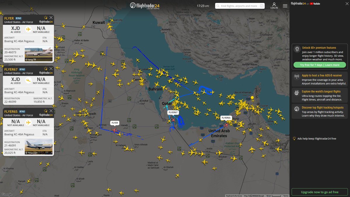 AIYeyENGDdJkjTr's tweet photo. July 10, 2026
#Al-Udeid Air Base ==> #Persian Gulf 
#FLYER67 #AE63CF USAF KC-46A Pegasus 
#FLYER #AE63B5 USAF KC-46A Pegasus 

#Al-Udeid Air Base ==> #Gulf of Oman
#FLYER65 #AE63C7 USAF KC-46A Pegasus
#NoCALLSIGN #AE574D USAF KC-46A Pegasus 

#Al-Udeid Air Base ==> #Musandam Peninsula 
#FLYER68 #AE5CC1 USAF KC-46A Pegasus