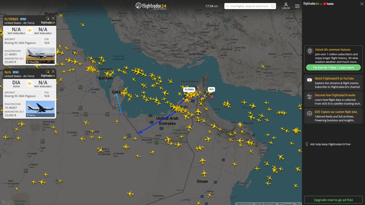 AIYeyENGDdJkjTr's tweet photo. July 10, 2026
#Al-Udeid Air Base ==> #Persian Gulf 
#FLYER67 #AE63CF USAF KC-46A Pegasus 
#FLYER #AE63B5 USAF KC-46A Pegasus 

#Al-Udeid Air Base ==> #Gulf of Oman
#FLYER65 #AE63C7 USAF KC-46A Pegasus
#NoCALLSIGN #AE574D USAF KC-46A Pegasus 

#Al-Udeid Air Base ==> #Musandam Peninsula 
#FLYER68 #AE5CC1 USAF KC-46A Pegasus
