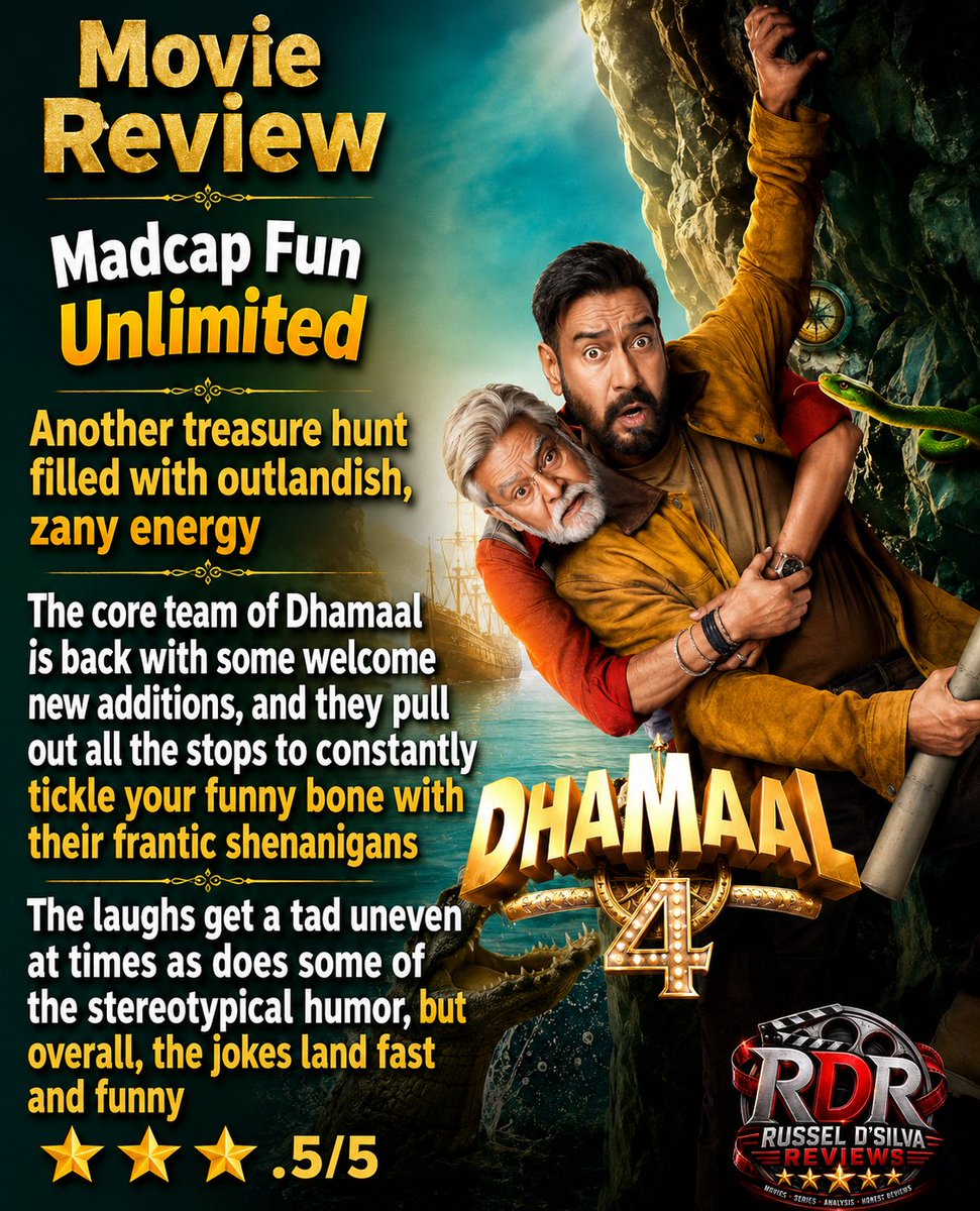 Russel_Olaf's tweet photo. My review of #AjayDevgn and @indrakumarofficial's #Dhamaal4 
⭐⭐⭐.5/5

Follow @russeldsilvareviews for all the latest movie news and updates
.
.
#BollywoodMovies #MovieReview #NewMovie #FilmReview #Dhamaal4Review @ajaydevgnupfc https://t.co/lEgf0hyn4U