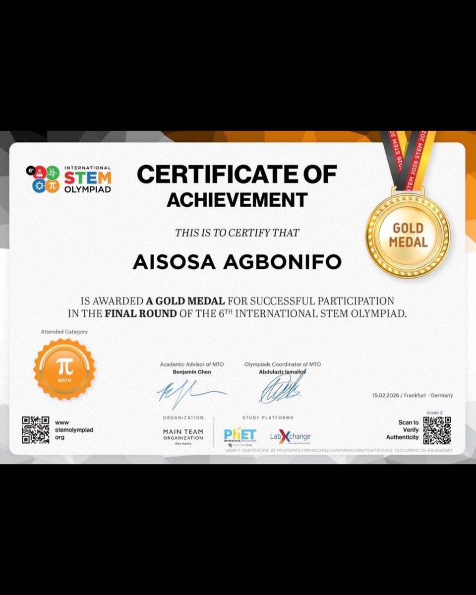 PulseNigeria247's tweet photo. History maker! 🇳🇬🏆

At 5, Aisosa Agbon-Ifo became Nigeria's youngest STEM Olympiad gold medalist. Now at 6, he has secured back-to-back victories by winning the 2026 Grade 2 category.

Congratulations to the young champion from Banana Island International School! 👏🧮 https://t.co/CERrHjter6