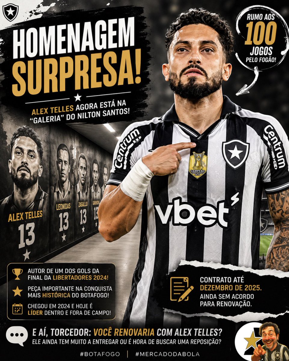 oBotafoguista's tweet photo. 𝗔 𝗖𝗔𝗠𝗜𝗡𝗛𝗢 𝗗𝗢𝗦 𝟭𝟬𝟬 𝗝𝗢𝗚𝗢𝗦… 𝗘 𝗝𝗔́ 𝗘𝗧𝗘𝗥𝗡𝗜𝗭𝗔𝗗𝗢! ⭐️🖤🤍

Alex Telles recebeu uma homenagem especial do Botafogo e foi pego de surpresa no Nilton Santos. O lateral teve sua imagem adicionada ao corredor de acesso ao gramado, passando a dividir espaço com outros jogadores que marcaram época vestindo a camisa 13 do Glorioso.

É um reconhecimento que vai além dos números. Afinal, foi dele um dos gols da histórica final da Libertadores de 2024, um momento que jamais sairá da memória do torcedor alvinegro. 🏆🔥

Agora, o camisa 13 está muito perto de atingir a marca de 100 partidas pelo Botafogo. Um feito importante para um jogador que chegou em 2024, rapidamente conquistou a torcida e se tornou uma das lideranças do elenco dentro e fora de campo.

O detalhe que chama atenção é que o contrato de Alex Telles termina no fim desta temporada e, até o momento, ainda não existe um acordo para renovação.

A homenagem pode ser apenas um reconhecimento pelo que já fez… ou um sinal de que o clube deseja mantê-lo por mais tempo?

👀 E aí, torcedor: você renovaria o contrato de Alex Telles? Ele ainda tem muito a entregar com a camisa do Glorioso ou é hora de buscar uma reposição?

#Botafogo #MercadoDaBola