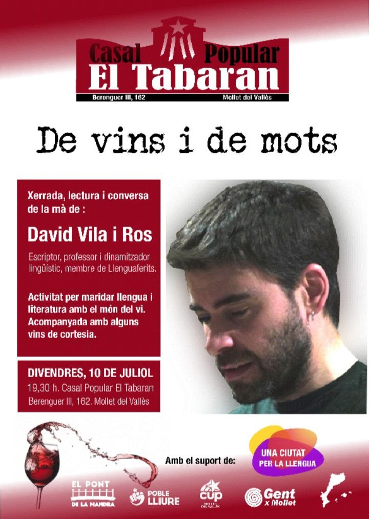 CPTabaran's tweet photo. 📢 Ep ! Això no s'atura.
💥Seguim defensant la llengua !
🎯 Divendres #10J xerrada 'De vins i de mots' a càrrec de l'imprescindible David Vila i Ros, escriptor, professor i dinamitzador per la llengua.
🍷🥂Maridem llengua i literatura amb el món del vi.
💥No facis tard ! https://t.co/NxpCqknFrX
