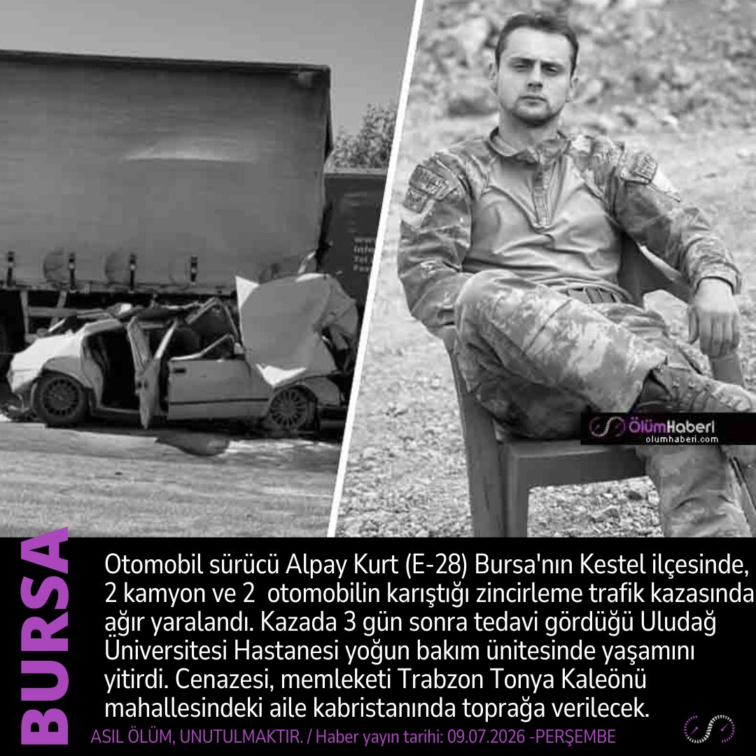 OlumHaberi's tweet photo. Alpay Kurt (E-28) Bursa Kestel'de, 2 kamyon ve 2  otomobilin karıştığı zincirleme trafik kazasında yaşamını yitirdi.
https://t.co/AKwR1aNIxK
#AlpayKurt #Bursa #Kestel #zincirlemekaza #kaza #trafikkazası #Trabzon #Tonya https://t.co/ZXbYKpa4PQ