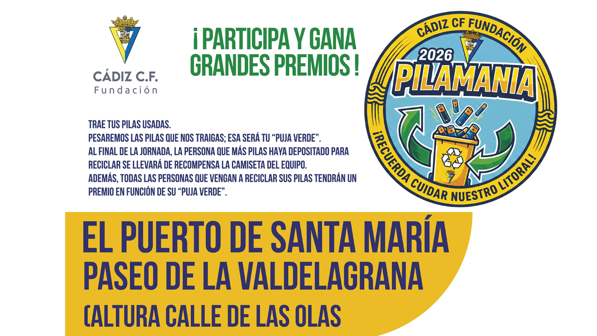 ElPuerto's tweet photo. 🔋 El próximo 13 de julio, Valdelagrana acoge el Tour de Verano Pilamanía 2026.

Trae tus pilas usadas, participa en la subasta ecológica y contribuye a proteger nuestro litoral. Podrás conseguir camisetas del C.F., mochilas...

🕙 10:00-13:00 h
📍 C/  La Ola

#ElPuerto #deportes https://t.co/wk8UqNITJ4