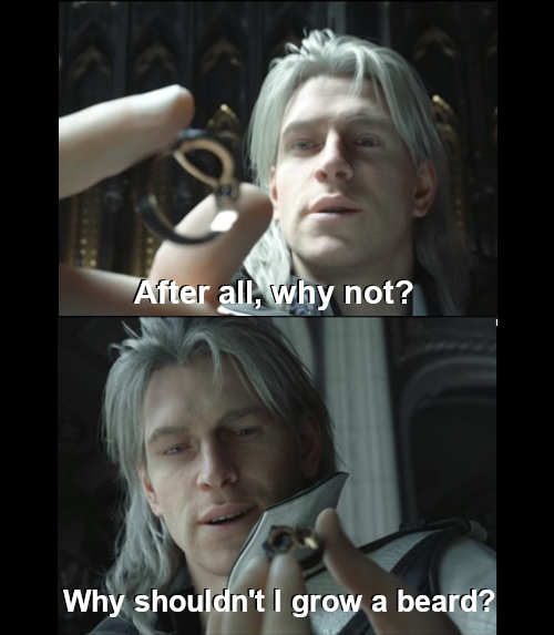 ChilledFoodTin's tweet photo. Today is the 10th (!) anniversary of Kingsglaive.  Celebrating with bearded mullet Ravus #ffxv #Kingsglaive https://t.co/dxZTNJDu9Y