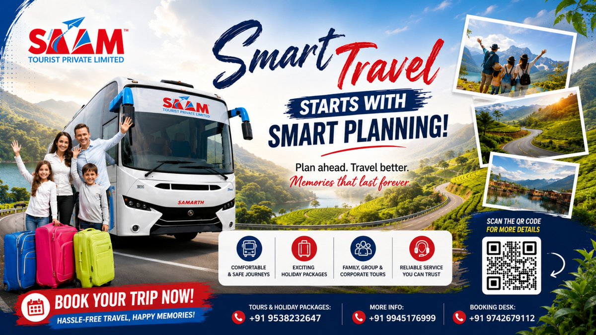 SAAMTOURIST's tweet photo. Smart travel begins with smart planning! 🚌
Discover comfortable journeys, exciting holiday packages, and unforgettable experiences with SAAM Tourist Private Limited. Your next adventure starts here.
#SmartTravel #TravelIndia #HolidayPackages #ExploreMore #TravelWithSAAM https://t.co/2Cspx4kph5