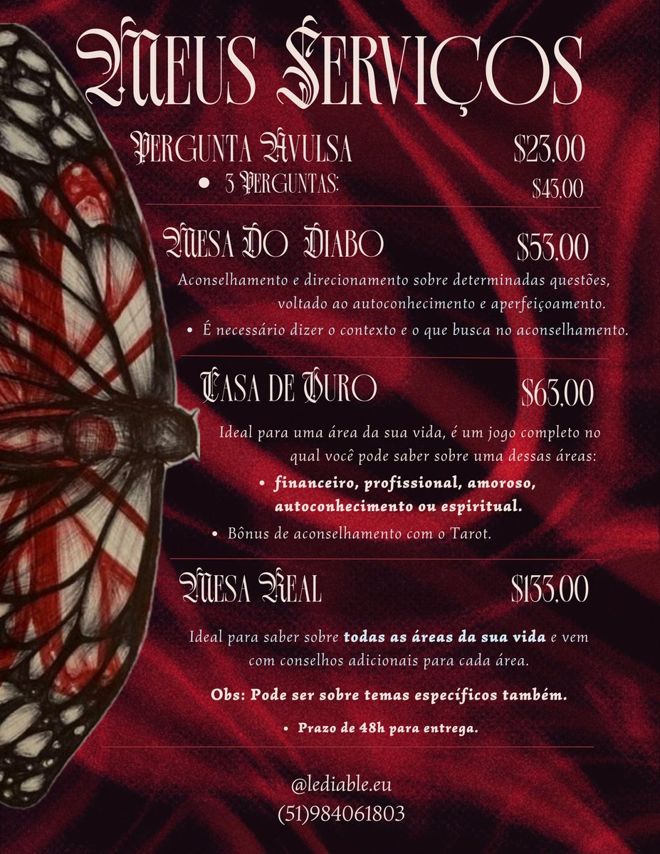 lediable_eu's tweet photo. Me chamo Levi, sou cartomante há 4 anos e trabalho com oráculo lenormand (cigano) e tarô.🌹
• Minha área de especialidade é autoconhecimento.
🃏Jogos á partir de R$ 23,00
🃏 Atendimentos e agendamentos via: https://t.co/vC1mnpMCtE https://t.co/ra3UHHeCBM