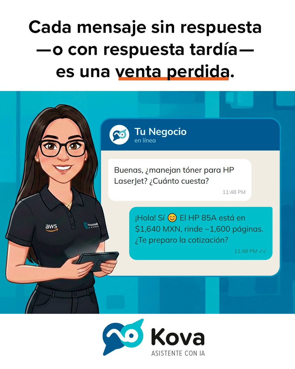 RadikalSystems's tweet photo. Kova atiende a tus clientes 24/7 — en lenguaje natural, sin menús que frustran. 🤖 Responde, cotiza y da seguimiento desde el chat.

¿Lo pruebas? Preparamos un demo con información de tu negocio y lo ves respondiendo en vivo.

📲 993 108 4257 #Kova #PyMEsMéxico https://t.co/IshGBcVVzs