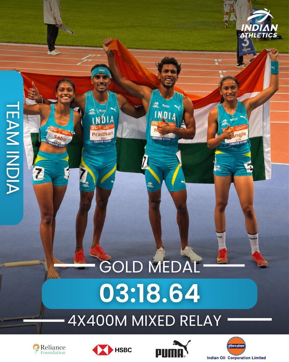 shivadot's tweet photo. U-23 #Asian #Athletics championship #GOLD FOR #INDIA 4*400 mixed relay 

The last leg by Shravani strikes Gold 🔥🔥🔥

#IndianAthletics #AFI @Flydon8 @BeingMinchu @VishankRazdan @imVkohli @Eighty7_Fifty8 @likithsp98 @Sammy58328 @kaypeem @NavinSports @Blazie_Harsh @jon_selvaraj https://t.co/GEwDeNxi7T