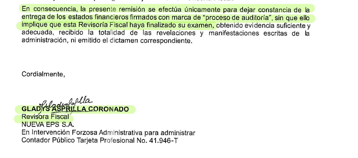 CeDemocratico's tweet photo. Ni la propia Revisora Fiscal, tía del senador petrista Inti Asprilla del Partido Verde, se atrevió a avalar los estados financieros de Nueva EPS: los firmó dejando constancia expresa de que no constituyen dictamen ni certificación de las cifras. Eso lo dice todo.

Si ni el revisor fiscal confía en los números, ¿cómo puede confiar el país?