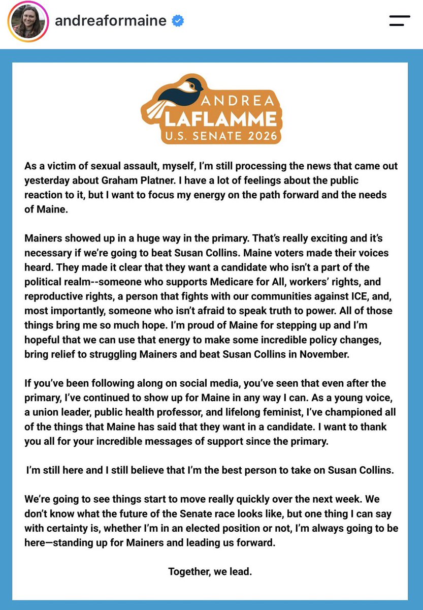 PollTracker2024's tweet photo. Andrea LaFlamme expresses interest in running for US Senate in Maine. 

She was a write-in candidate in the Democratic primary. https://t.co/hujSWMAI53