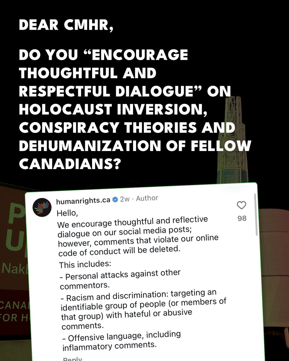 CIJAinfo's tweet photo. The federal government has made it clear that @CMHR_News' controversial Nakba exhibit  is a failure of governance and curation.

But as we warned it is also a dangerous example of political activism replacing historical accuracy—one that risks misinforming audiences and emboldening extremists to take hateful and violent positions, including calls for the elimination of Israel and the millions of people of all backgrounds who call it home.

As Minister Miller has said, it is now up to the Board of Trustees to do its job and hold the CEO accountable.

Take action here: https://t.co/w5sbitAoKm
