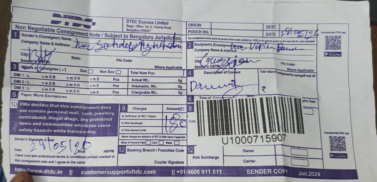 sahdevk001's tweet photo. @DTDCIndia @DtdcLtd  Sir, My courier was booked from Bareilly to Gurgaon on 29/05/2026 (AWB No. U1000715907). It has not been delivered to date. Please provide its current status immediately; otherwise, I will be compelled to file a complaint with the Consumer Commission. https://t.co/3NEbgAePyM