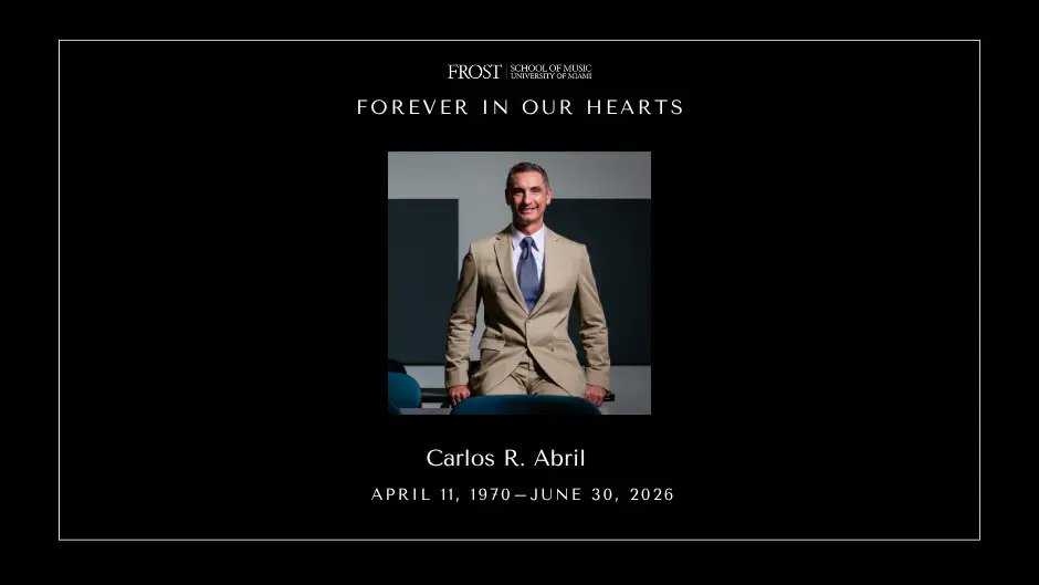frostschoolum's tweet photo. We remember and celebrate the life of Carlos R. Abril, Professor of music education, associate dean for research, alumnus, mentor, and friend.

An educator and respected scholar, Abril devoted his life to music education through teaching, research, and mentorship. After returning to the Frost School in 2011, he inspired generations of #FrostBuilt students to become thoughtful educators and leaders through advocacy and belief in the power of music. His kindness and commitment to others left a mark on our community, students, colleagues, and alumni around the world.

In honor of Abril's final wish, the Dr. Carlos R. Abril Memorial Music Education Fund has been established to support future music educators: https://t.co/OyG6K0dIlS