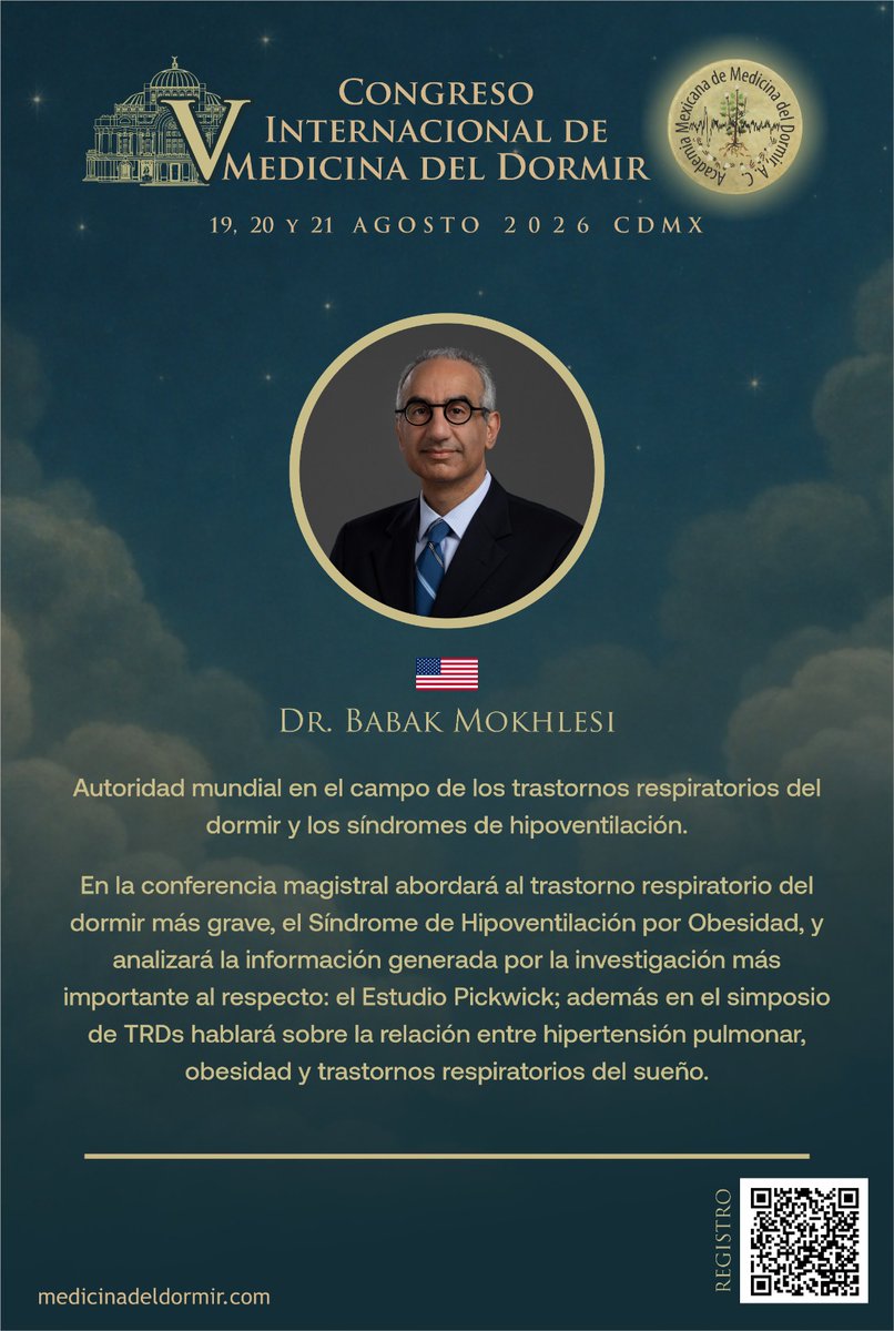 AMMDMexico's tweet photo. V Congreso Internacional de Medicina del Dormir.
II Encuentro Dental de Medicina del Dormir.
Autoridad mundial en el campo de los trastornos respiratorios del dormir y los síndromes de hipoventilación.
Dr. Babak Mokhlesi
https://t.co/6x8heKoKWE
#AMMD
#medicinadeldormir https://t.co/A9SEdA6Eq4