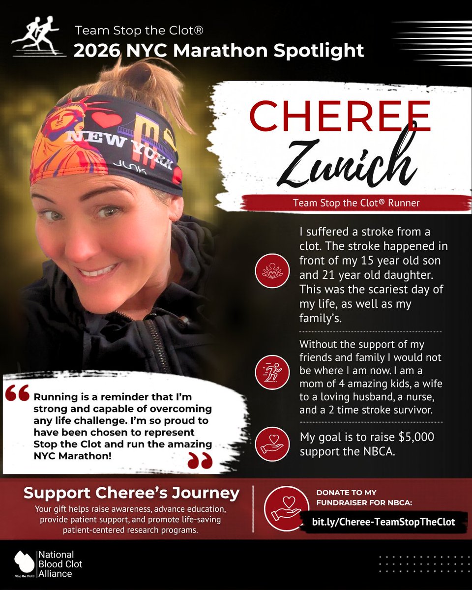 StopTheClot's tweet photo. 🏃 Cheree Zunich is a mom of four, a nurse, and a two-time stroke survivor. Her stroke happened in front of her kids. She calls it the scariest day of her life — and her family's.

This November she's running 26.2 miles for Team Stop the Clot® in NYC.
"Running is a reminder that I'm strong and capable of overcoming any life challenge."

❤️ Support her run:
🔗 https://t.co/CbIYpyhkjb

#TeamStopTheClot #TCSNYCMarathon #StopTheClot #BloodClotAwareness