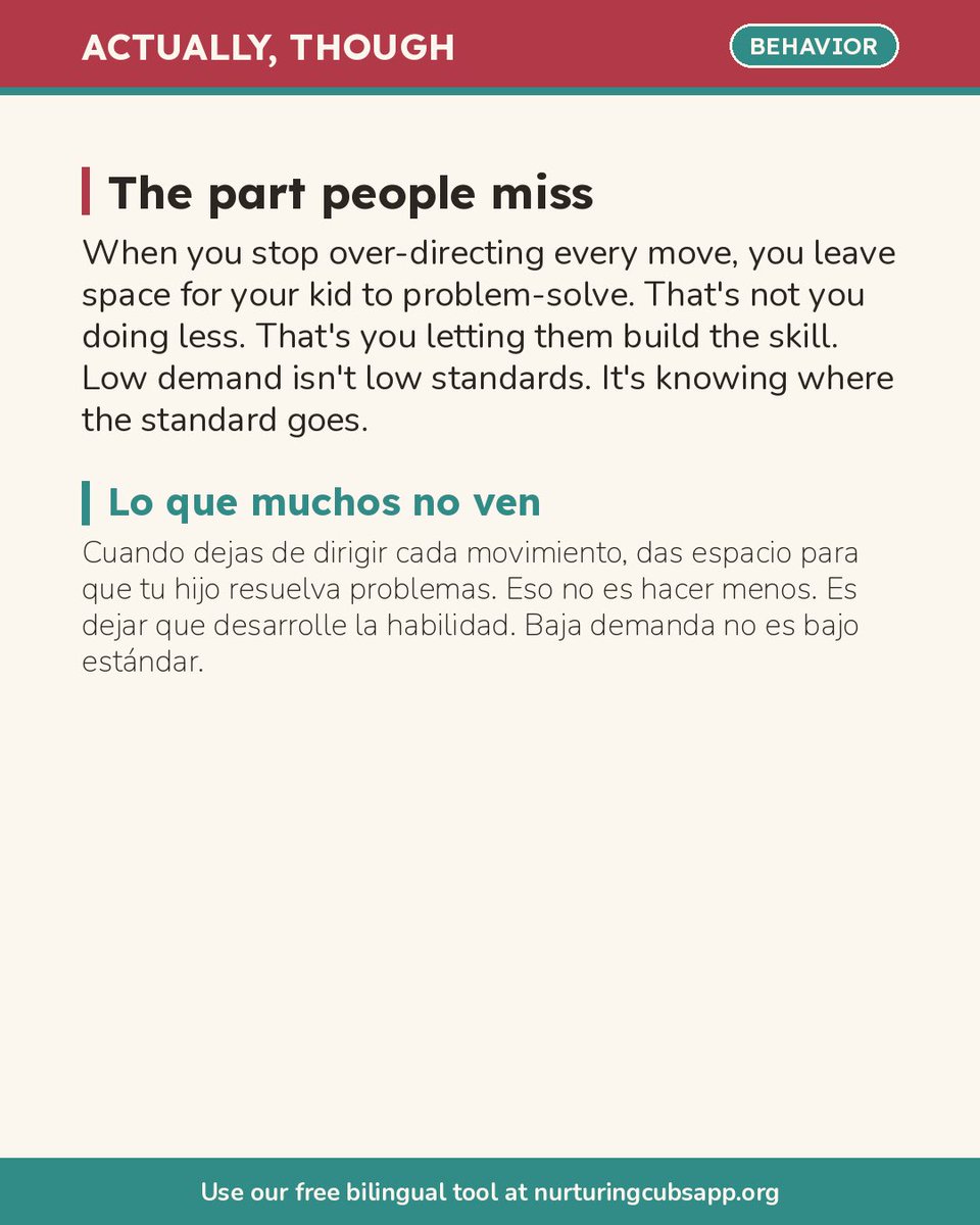 ThinkPossibleMM's tweet photo. Low-demand parenting isn’t lazy. It’s choosing where your kid’s limited coping budget gets spent so the boundaries that matter stay standing. Not “no rules” — strategic ones. Save this for the next person who calls it lazy. 🦁La baja demanda no es pereza. Es estrategia. Guárdalo. https://t.co/RzoBSMo5VR