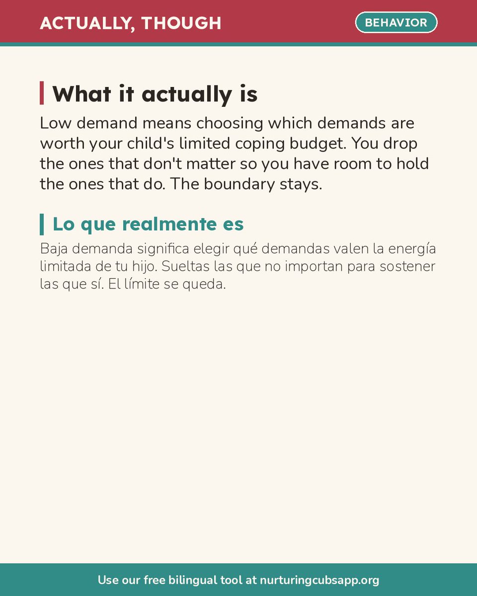 ThinkPossibleMM's tweet photo. Low-demand parenting isn’t lazy. It’s choosing where your kid’s limited coping budget gets spent so the boundaries that matter stay standing. Not “no rules” — strategic ones. Save this for the next person who calls it lazy. 🦁La baja demanda no es pereza. Es estrategia. Guárdalo. https://t.co/RzoBSMo5VR