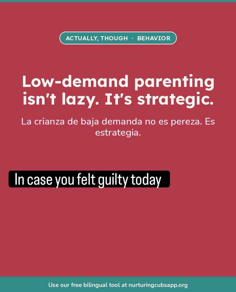 ThinkPossibleMM's tweet photo. Low-demand parenting isn’t lazy. It’s choosing where your kid’s limited coping budget gets spent so the boundaries that matter stay standing. Not “no rules” — strategic ones. Save this for the next person who calls it lazy. 🦁La baja demanda no es pereza. Es estrategia. Guárdalo. https://t.co/RzoBSMo5VR