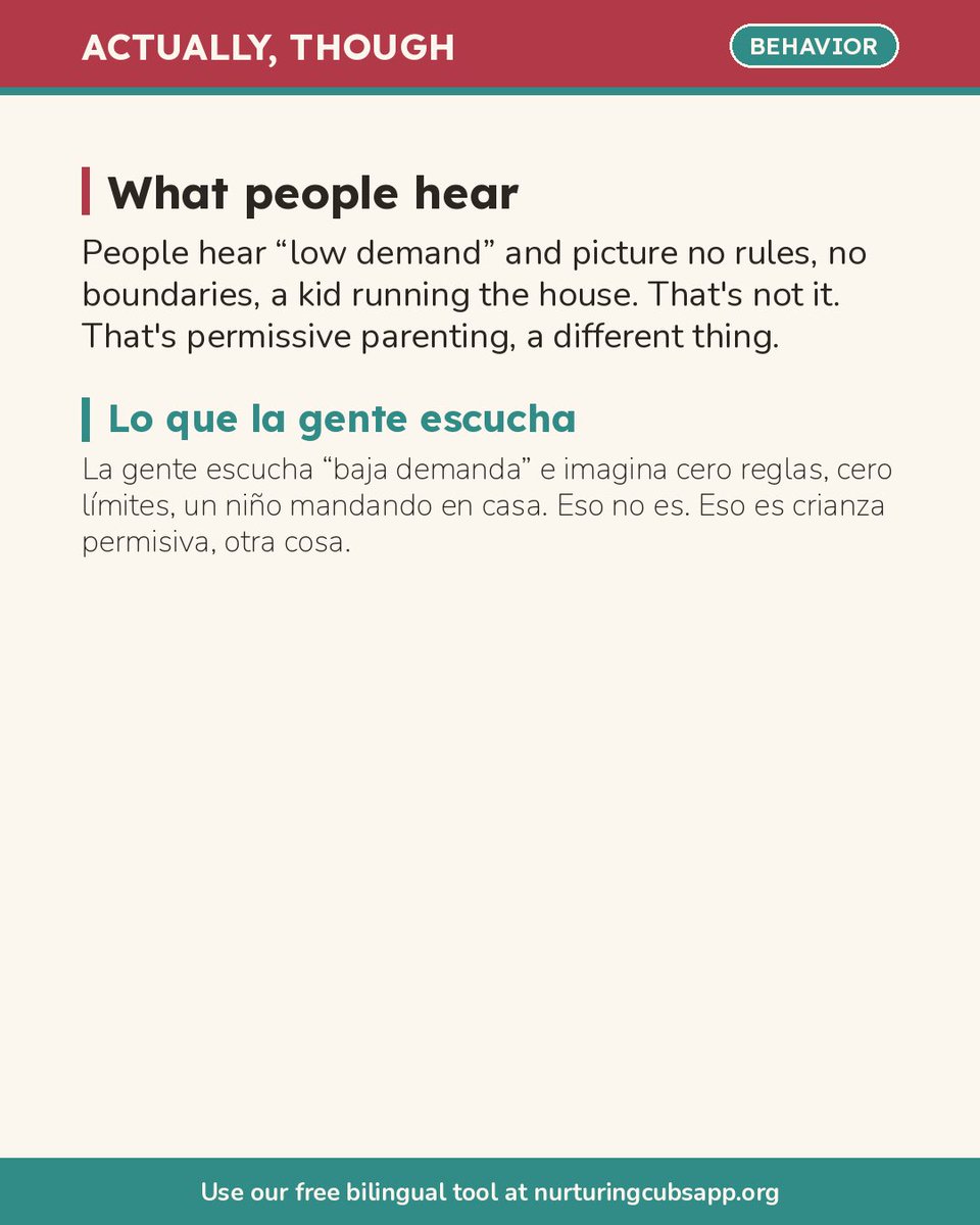 ThinkPossibleMM's tweet photo. Low-demand parenting isn’t lazy. It’s choosing where your kid’s limited coping budget gets spent so the boundaries that matter stay standing. Not “no rules” — strategic ones. Save this for the next person who calls it lazy. 🦁La baja demanda no es pereza. Es estrategia. Guárdalo. https://t.co/RzoBSMo5VR