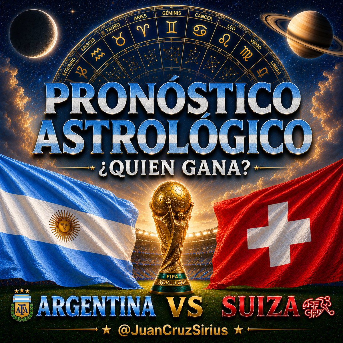 JuanCruzSirius's tweet photo. PREDICCIÓN ARGENTINA vs SUIZA #Astrologia

En 2022 predije Argentina campeon, en 2018 pronostiqué el fracaso. Frente a Egipto anticipé un partido sufrido, pero con triunfo argentino. Cuando el panorama era oscuro, en el entretiempo, twitteé: "sostengo lo dicho, avanzará Argentina". También pronostiqué el dificil triunfo argentino vs Cabo Verde

Para este partido vs Suiza, sostengo lo que dije hace dos meses: Argentina será uno de los 4 semifinalistas. 

Ese pronostico parte de un análisis de diferentes cartas natales (debut mundialista 1930 + AFA 1893, ciclo Scaloni 2018, Messi natal). 

En muchas de ellas se observa fuerte Saturno un indicador de adversidades, obstaculos, sufrimiento y a veces frustraciones. 

Pero en la misma proporción se destaca Jupiter, el planeta de los logros, brillo y elevación. Por eso mi interpretación fue hace tiempo que Argentina no haría un mundial decepcionante, que a pesar de las dificultades no se volvería temprano a casa y que estaría entre los semifinalistas, por ende: un seleccionado competitivo peleando por el titulo.

Todo eso lo sostengo de cara a este partido vs Suiza. La carta astral del ciclo Yakin, tiene algunos buenos aspectos astrologicos pero no me parecen lo suficientemente contundentes para eliminar a Argentina.

¿Qué dice la Luna para este partido?
La Luna estará en Geminis. Según mi investigación histórica, Argentina jugó 8 partidos en mundiales con la Luna en este signo: ganó 5, empató 1 y perdió 2. 

No tiene aspectos positivos pero tampoco tiene aspectos tensos, a diferencia del partido con Egipto y con Cabo Verde que predominaban los contactos inarmónicos, lo que quizas represente un "alivio".

Por todo lo estudiado mi pronostico es que Argentina eliminará a Suiza, y estará en semifinales tal cual fue mi predicción para Argentina en este Mundial dos meses antes del inicio del mismo.

En mi pronóstico inicial dije que llegado el caso de semifinal (o final) es muy relevante comparar con la astrología del rival para poder hacer un pronóstico de esas instancias. 

Pueden leer ese análisis inicial completo en: https://t.co/9IS3cwppLq

 Como siempre aclaro desde hace más de 10 años: no es "videncia" es análisis de muchas variables astrológicas, interpretación y en base a ella luego: conclusión.

LOS MINUTOS DE MAYOR PROBABILIDAD ASTROLOGICA DE JUGADAS CLAVES O GOLES

En las próximas horas compartiré en un nuevo posteo el listado con los minutos

Esta herramienta que vengo poniendo en practica desde Qatar 2022, cada vez genera más asombro al apreciarse la precisión de la misma. En el partido vs Egipto los 3 goles argentinos, fueron en los minutos señalados, como asi también el primer gol de Egipto (+2' minutos) y el segundo (+2'). 

En los cinco anteriores partidos de Argentina la mayoria de los goles fueron en esos minutos indicados. Pueden repasar mis antiguos posteos y corroborarlo. 

Ya esto genero impacto en el Mundial 2022, cuando hasta medios de Italia y España se hicieron eco de mis predicciones. Pueden ver ese material en mi web https://t.co/EtxovUEcMX

Juan Cruz Sirius.
Astrologia con rigurosidad.
Mas de 150 pronosticos cumplidos.