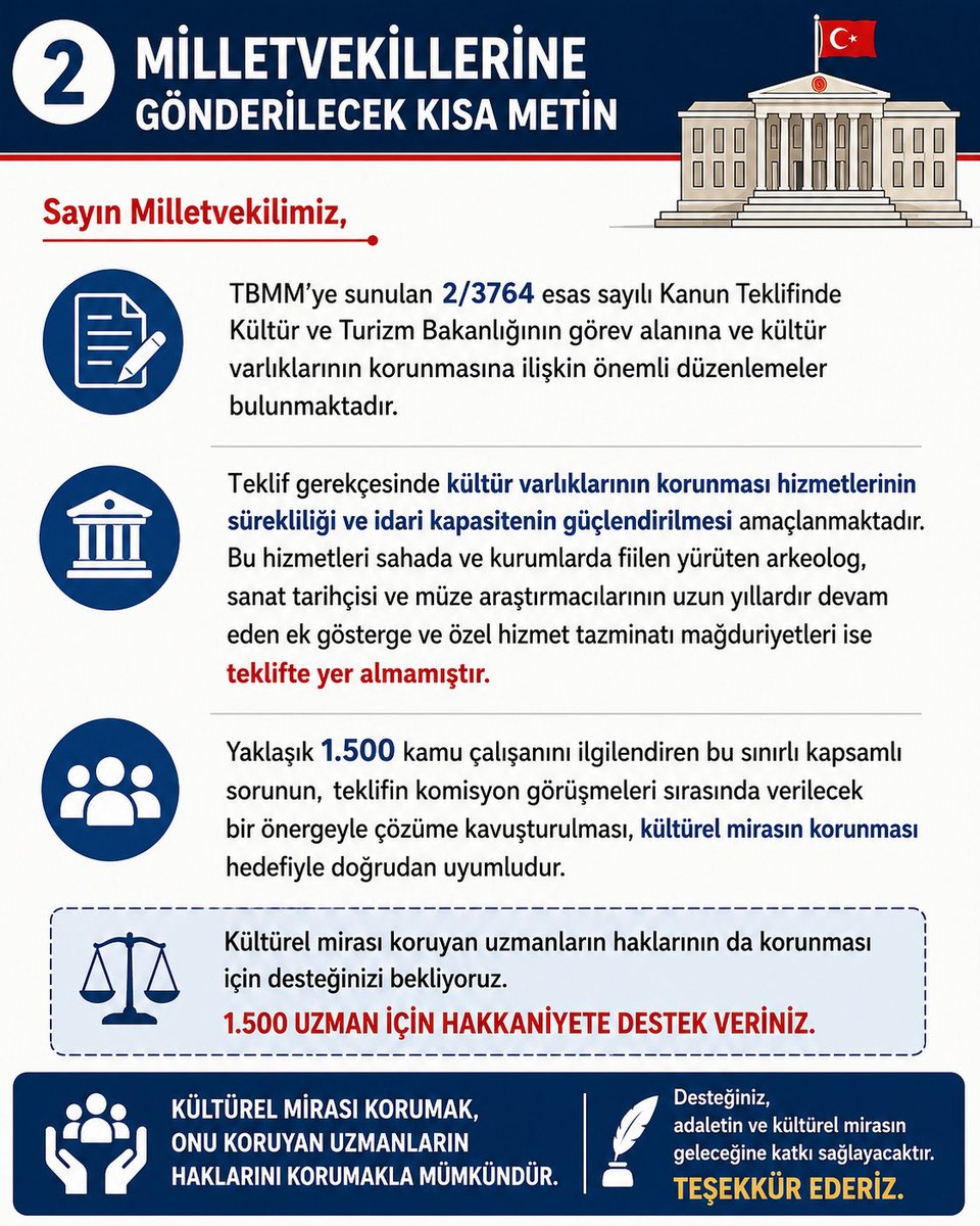 sasmaz52403's tweet photo. 3 Temmuz 2026 tarihinde TBMM Başkanlığına sunulan 2/3764 Esas Sayılı Kanun Teklifi, arkeolog, sanat tarihçisi ve müze araştırmacılarının yıllardır bekleyen özlük hakları için önemli bir fırsattır.
Komisyon aşamasında verilecek bir ek önergeyle sorunumuzun çözüme kavuşturulmasını talep ediyoruz.
#KulturelMirasUzmaninaAdalet
#TorbaKanundaBizDeOlmaliyiz
@mehmedmus @ifarukaksu @oerdem42 @Nilgun_OK