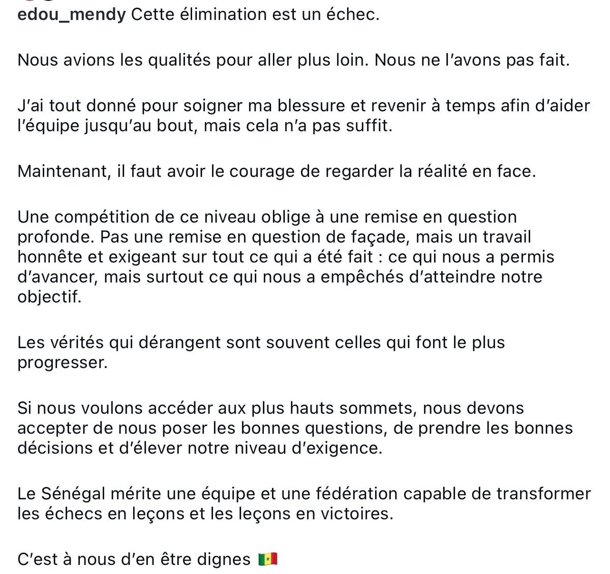 Sorreumalick's tweet photo. Édouard Mendy sur son compte Instagram : « Le sénégal mérite une équipe et une fédération capable de transformer les échecs en leçons et les leçons en victoire 
C'est à nous d'être digne » 
🇸🇳🤝 https://t.co/o74RNsVVP1