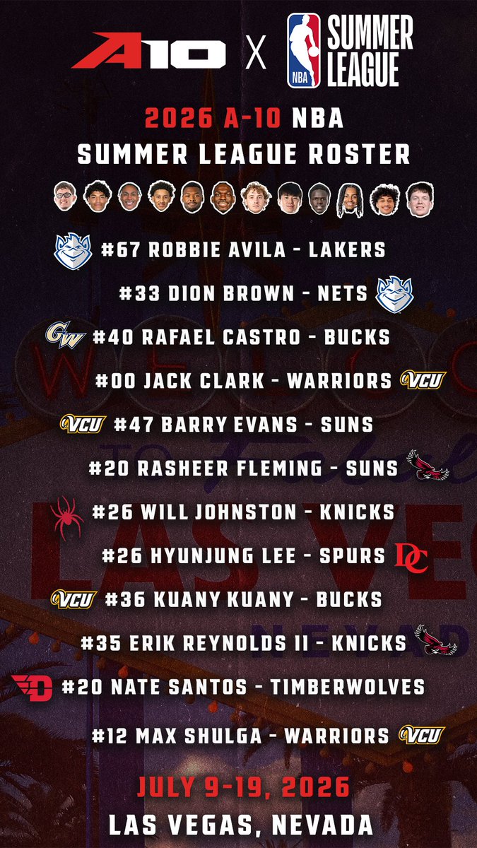 A10MBB's tweet photo. Vegas bound 🌟

Join us in cheering on our #A10MBB alumni at the 2026 NBA Summer League in Las Vegas!

🗞️ https://t.co/7qUCwyyVAw https://t.co/ebaO2RzWrZ