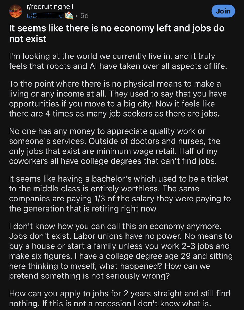 financedystop's tweet photo. Older generations need to start realizing if young people can’t get jobs, buy homes, or start families, things are not going to end well.

That’s the basic social contract

Work hard, build a life, own something, get married, have kids, feel like the future is worth investing in https://t.co/Kdb58vuy6j