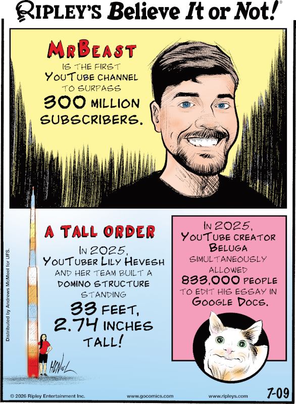 Ripleys's tweet photo. A Tall Order - In 2025, YouTuber Lily Hevesh and her team built a domino structure standing 33 feet 2.74 inches tall!

Catch our daily cartoon here.👇 https://t.co/voNfzz1Gi4 https://t.co/vsnfouVYO2