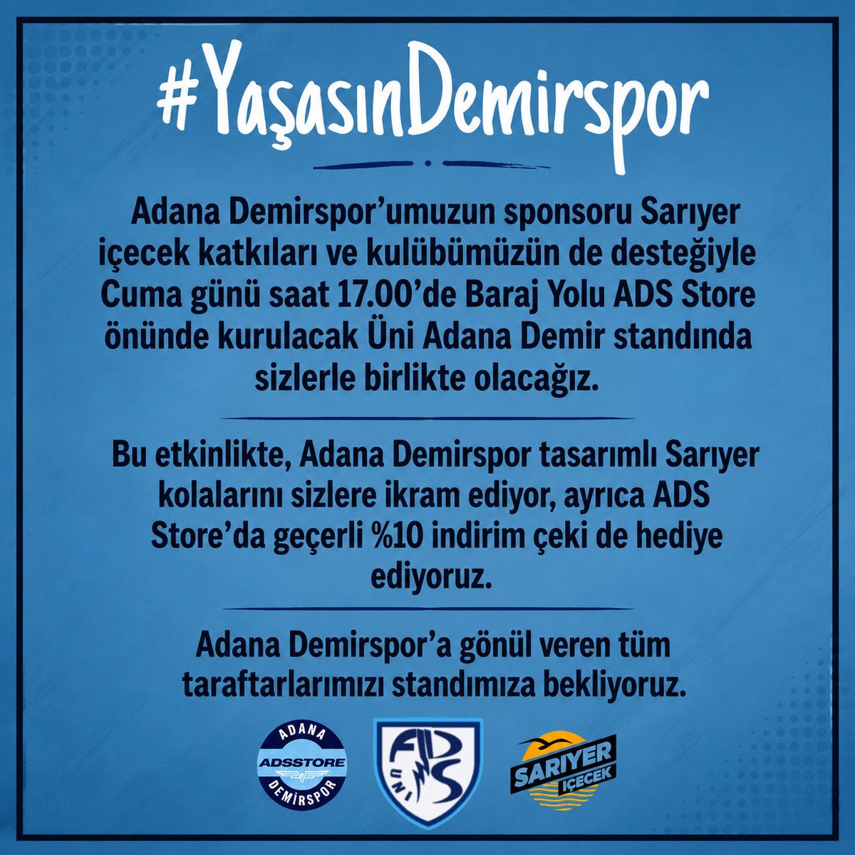 adanademiruni's tweet photo. Adana Demirspor’a gönül veren tüm taraftarlarımızı bekliyoruz.

#ÜniAdanaDemir https://t.co/fFhpnPzSPn