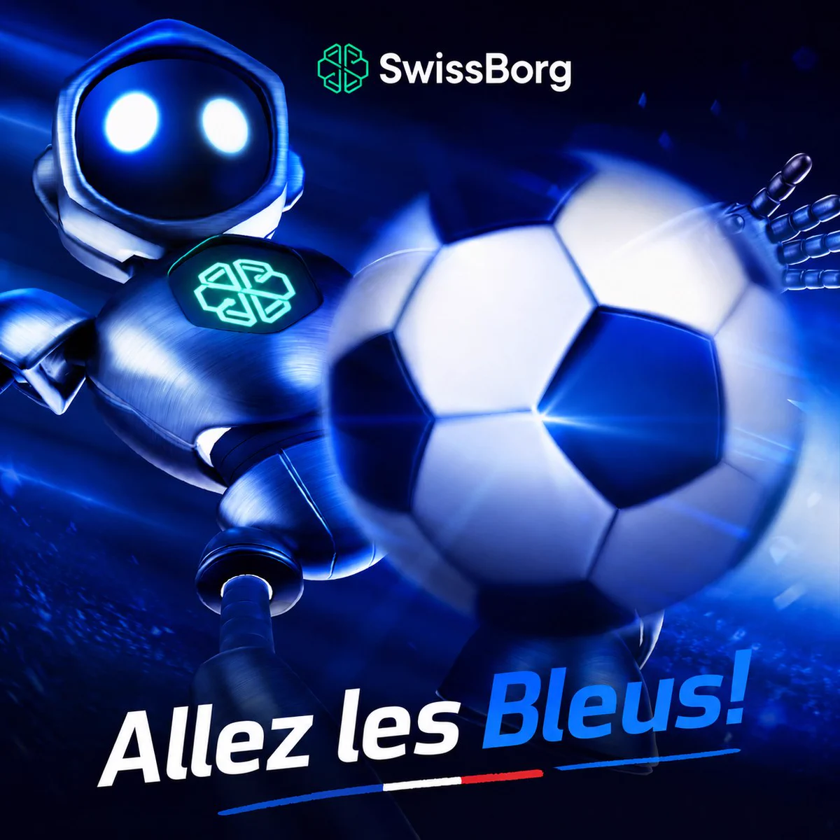 A futuristic robot enthusiastically kicks a soccer ball, surrounded by vibrant blue light. The text "Allez les Bleus!" is featured prominently.