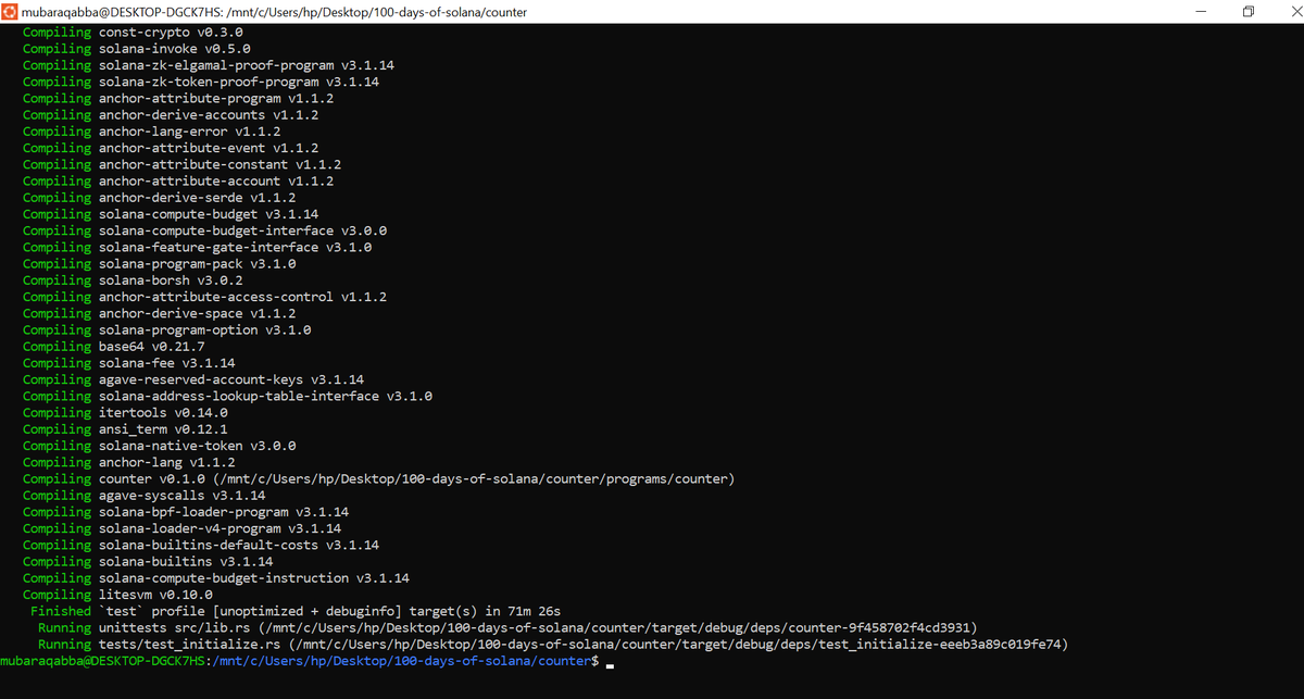mubaraqabba's tweet photo. Day 57/100 of #Solana

Installed Anchor and scaffolded my first program.

anchor init counter → anchor build → ✅

Toolchain ready:
- Rust 1.97.0
- Cargo 1.97.0
- Anchor 1.1.2
- Solana CLI 3.1.15

Now I write programs. Not just call them.

@solana_devs @MLHacks @solana https://t.co/Idwc9B1iYV