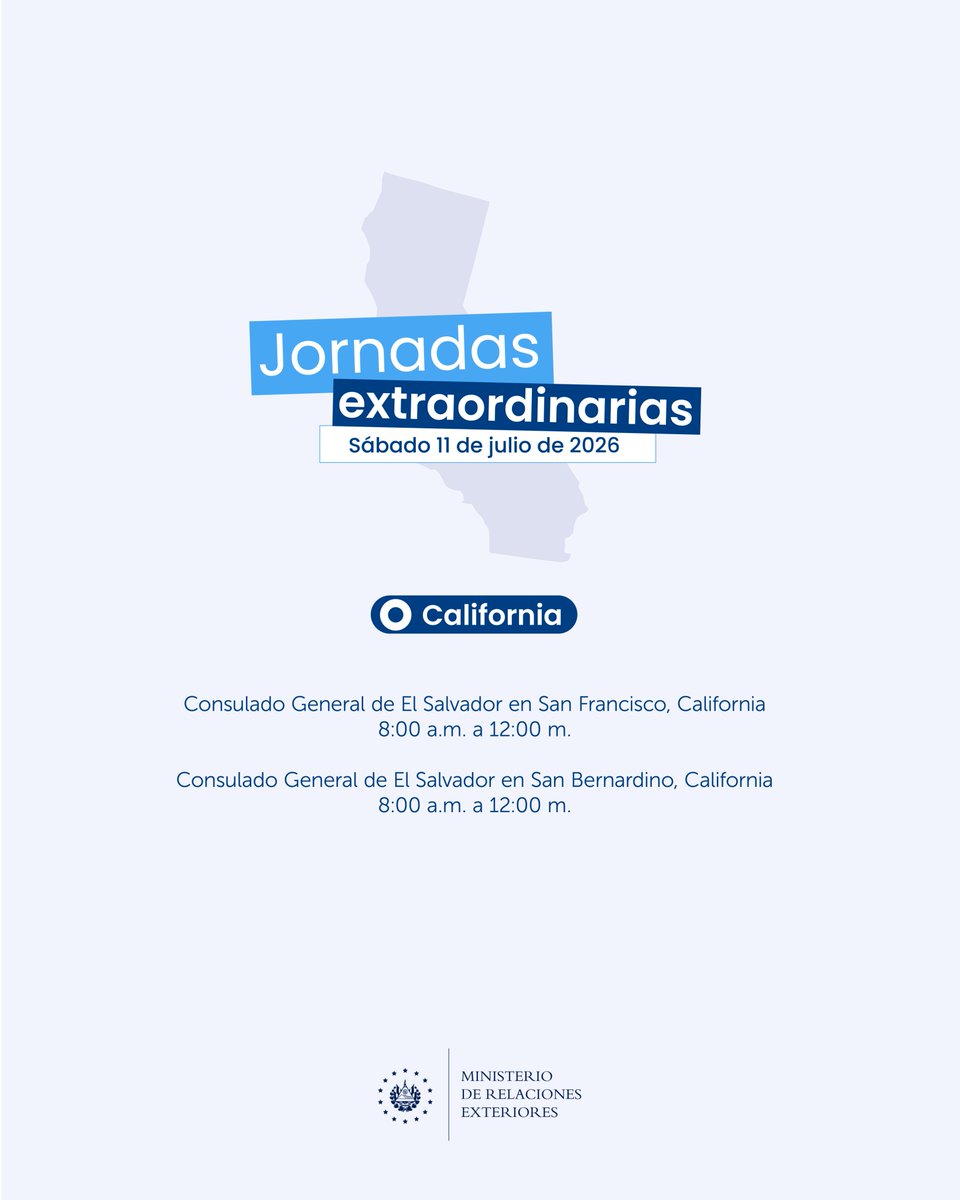 ESAenCalifornia's tweet photo. 📣 Atención, #DiásporaSV en California:

Este sábado 11 de julio, te esperamos en las jornadas extraordinarias que realizaremos en:

📍 San Francisco
📍 San Bernardino

Para más información, contáctanos al:
☎️ 1-888-301-1130 https://t.co/KHuXvovqKZ