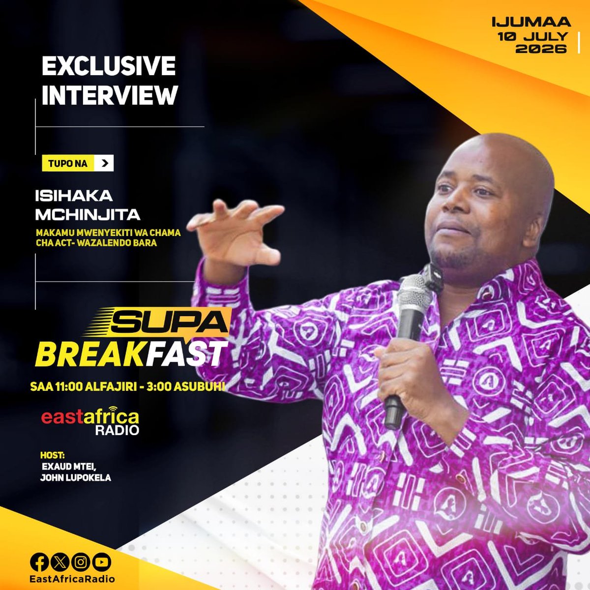 Downtownii's tweet photo. Asubuhi ya kesho Julai 10, 2026 Makamu Mwenyekiti wa @ACTwazalendo Tanzania Bara, Ndugu @MchinjitaIR  atakuwa kwenye kipindi cha SUPA BREAKFAST cha Eastafrica Radio.

#ZanzibarMpya #ZanzibarMoja #MamlakaKamili https://t.co/39oNUIozAf
