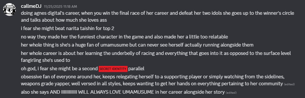 Discord infodump on my thoughts on Agnes Digital. She actually did beat Narita Taishin for top 2 and is very close to topping Winning Ticket for my favorite uma.