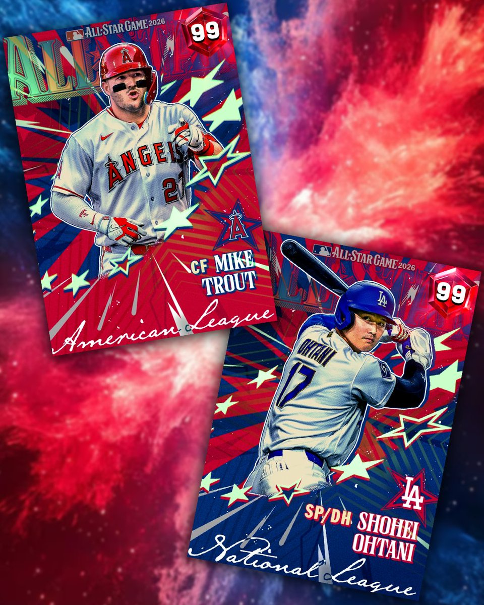 MLB's tweet photo. TROUT AND SHOHEI HAVE ARRIVED 😤

Mike Trout and Shohei Ohtani are your MLB The Show 5th Inning Bosses and will have 99 overall All-Star Game cards 🤩 https://t.co/gCFqq1Bs3a