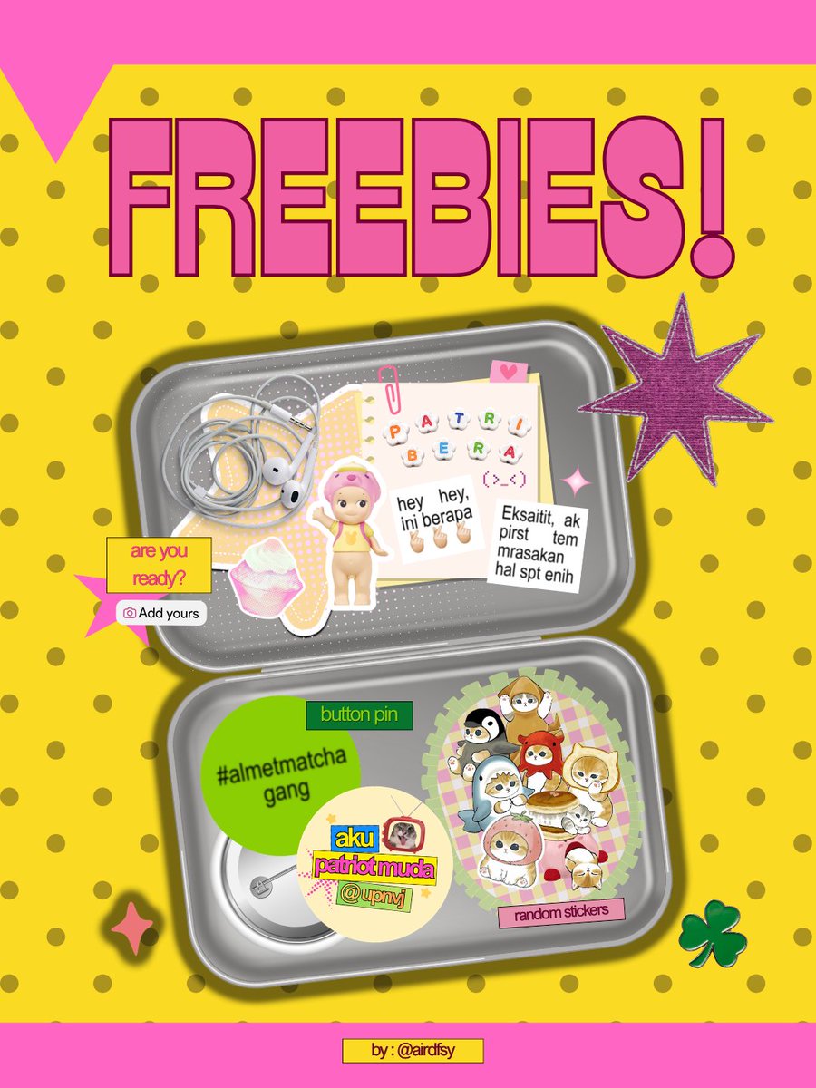 airdfsy's tweet photo. hi moots! design freebies aku sudah jadii yayy ><
yang trade sm aku aman iyh list nyh, aku bikin lebih juga untuk siapapun yg nanti ketemu aku. btw, kalian lebih suka button pin yang hijau atau yang kuning? pls bantu aku supaya aku tau harus banyakin yang mana.. https://t.co/JOjNkG25p8