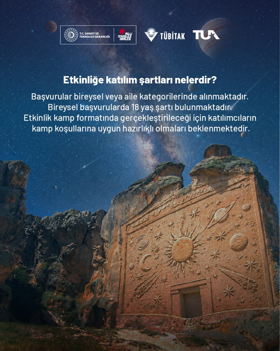 Tubitak's tweet photo. TÜBİTAK Gökyüzü Gözlem Etkinliği hakkında en çok merak edilen soruları sizin için bir araya getirdik! 🌌

🔭 Başvuru sürecinden yanınızda getirmeniz gereken eşyalara ve etkinlik alanına kadar merak ettiğiniz pek çok sorunun yanıtı bu gönderide.

Etkinliğe katılmayı planlıyorsanız göz atmadan geçmeyin! 🤗

📌 @TCSanayi 
📌 @tuajans 
📌 @bilimletoplum

Merak ettiğiniz tüm soruların yanıtları ve hâlâ başvuru yapmadıysanız başvuru işlemleri için: 👇🏻
https://t.co/BQKliN57hE