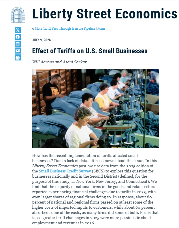 scottlincicome's tweet photo. "Effect of Tariffs on U.S. Small Businesses" via @NewYorkFed  https://t.co/ptoBE8m2PU

"A substantial share of small businesses reported tariff-related costs as a challenge in 2025"

"Smaller, less profitable firms with fewer resources are less able to [mitigate tariff costs]" https://t.co/7DPMaGde4p