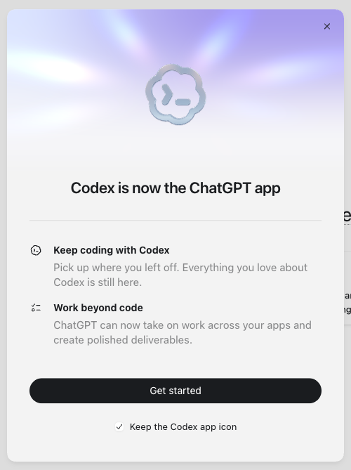 _simonsmith's tweet photo. Oh, they didn't mention this on the livestream, unless I missed it. Codex is now the ChatGPT app. Makes sense. Today was the cutover point. I just hope the Codex team keeps up the incredible work and momentum. https://t.co/TyUjtnIwgm