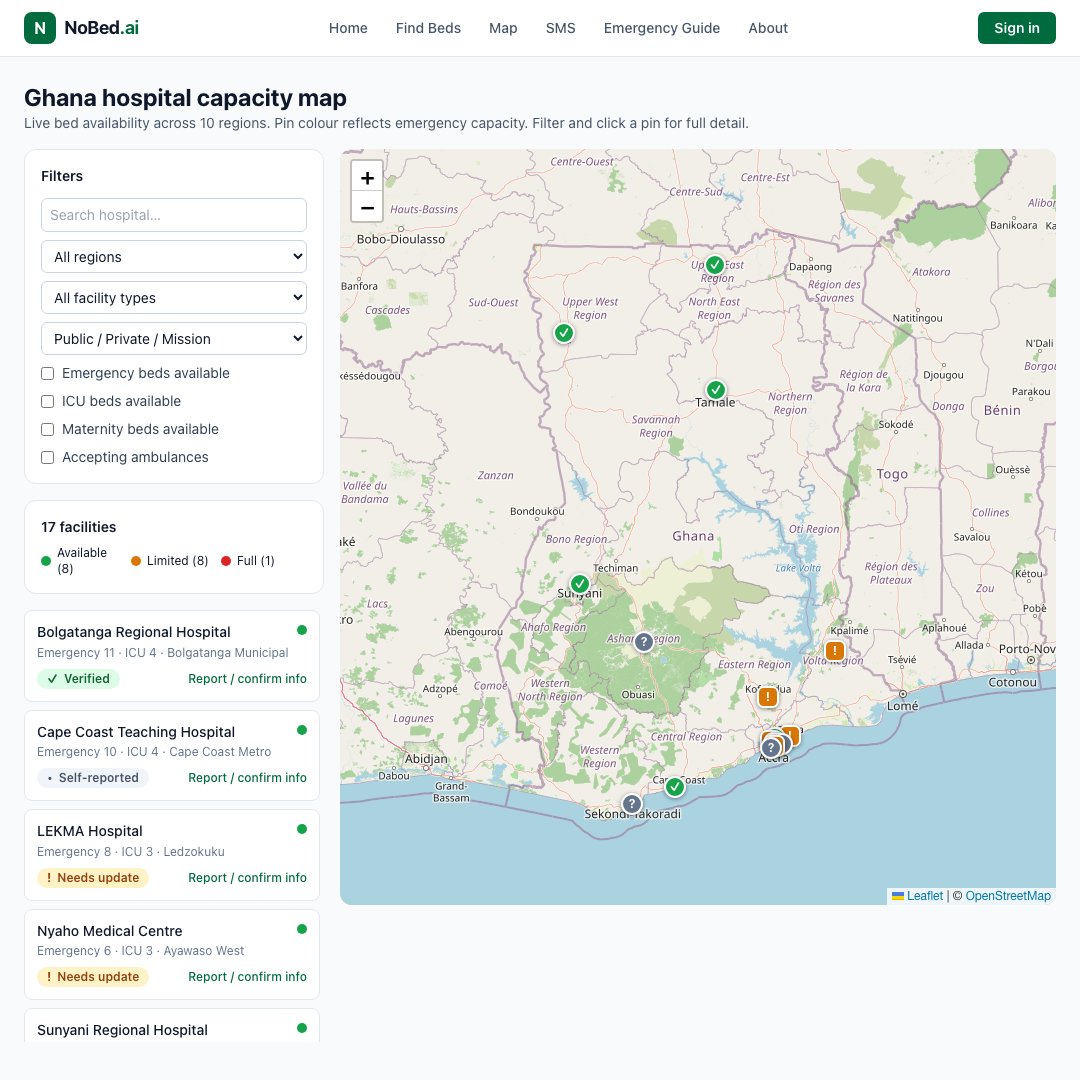 noBed_AI's tweet photo. Ghanaians🇬🇭:
If someone you love needed emergency care tonight, how would you know which hospital to take them?

That is the gap @noBed_AI is trying to make visible.

Reply with your real experience and follow @noBed_AI as we build. AVOID sharing private medical details. #NoBedAI https://t.co/Ucw5ev5H2p