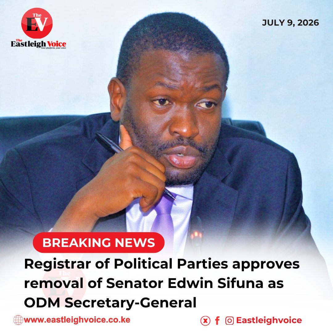 Eastleighvoice's tweet photo. BREAKING NEWS: Nairobi Senator Edwin Sifuna has lost the battle to remain ODM Secretary-General after the Registrar of Political Parties approved his removal from the position. https://t.co/bAhQRdzMg2