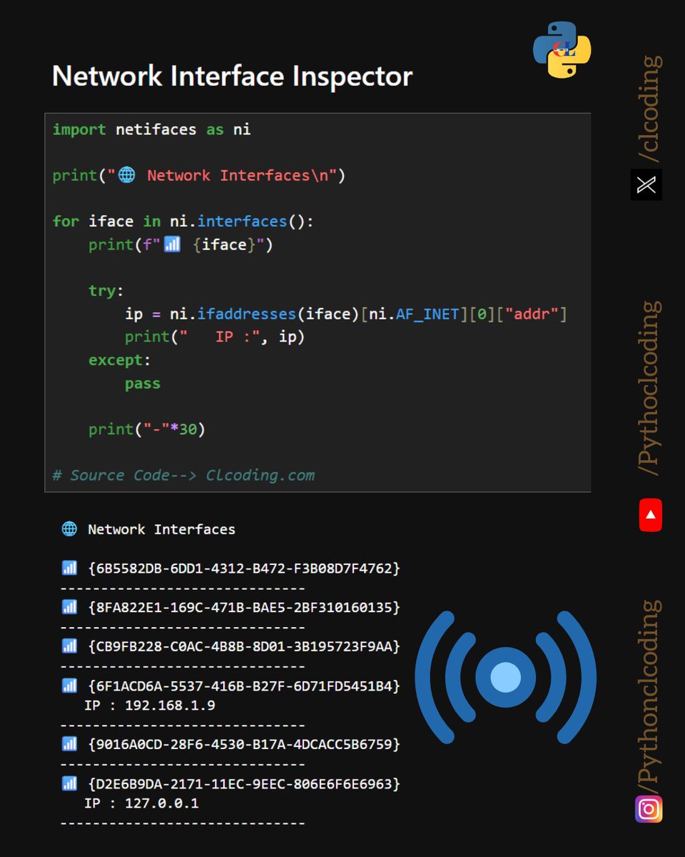 clcoding's tweet photo. Network Interface Inspector in Python https://t.co/knaLQsth7w