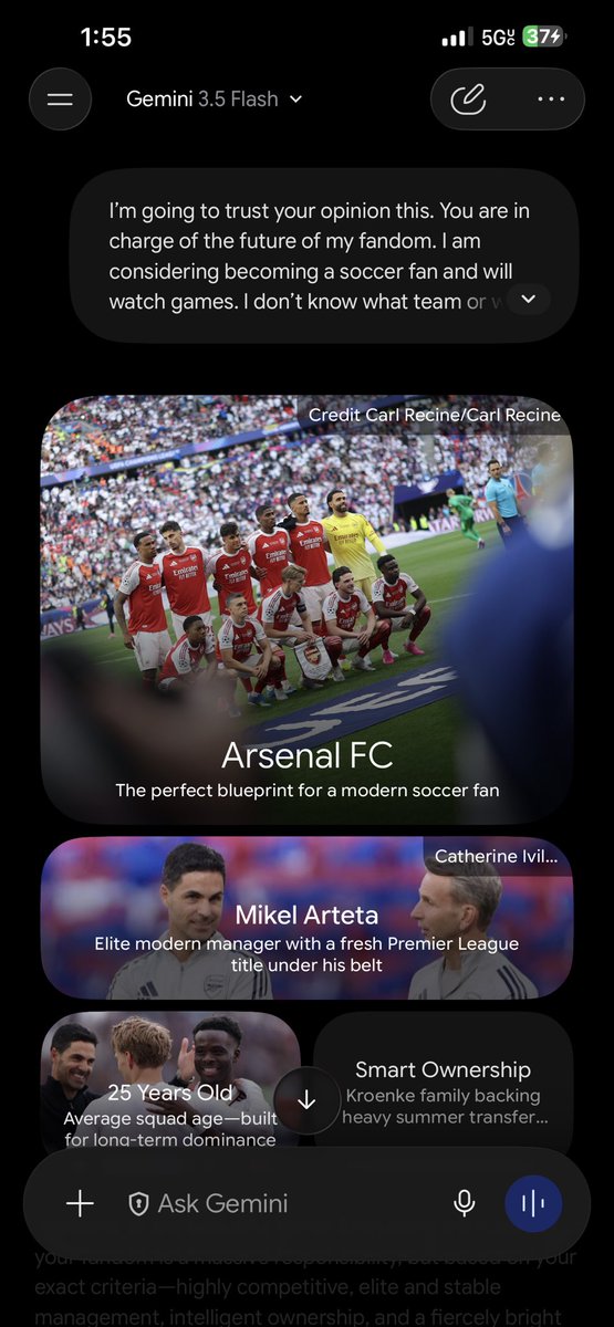 HTownDame's tweet photo. Boys I’m fresh meat to watching soccer and I asked Gemini for help choosing a team to follow after the World Cup. What are we thinking ? #Arsenal #Epl #premierleague https://t.co/ZDyixaPPBJ