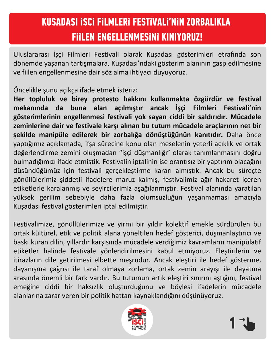 iscifilmfest's tweet photo. Kuşadası İşçi Filmleri Festivali'nin zorbalıkla fiilen engellenmesini kınıyoruz https://t.co/mNTsf1tud2